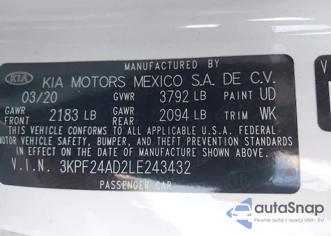 2020 Kia Forte Lxs z USA, uszkodzony, nr VIN 3KPF24AD2LE243432